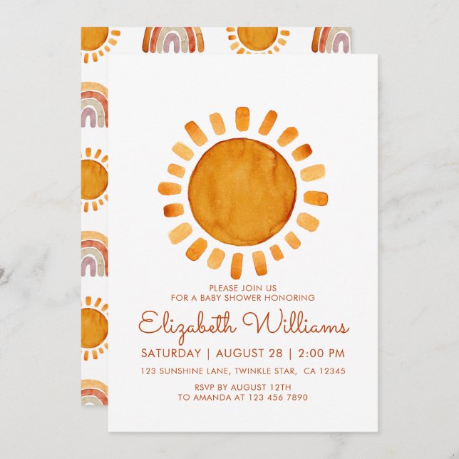 Whimsical Yellow Watercolor Sunshine Baby Shower Invitation (Front/Back)