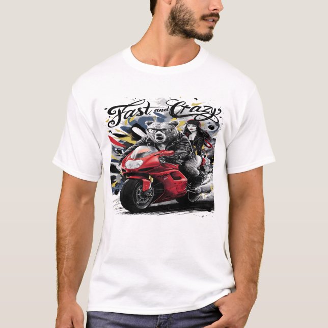 Whimsical Yeti Bigfoot Biker Cruising Through Wild T-Shirt (Front)