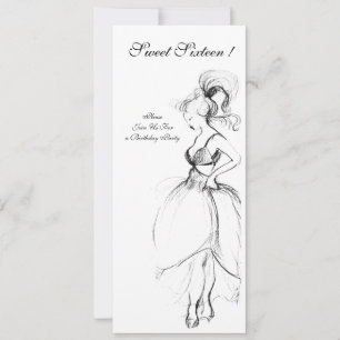 WHIMSICAL YOUNG GIRL SWEET 16 PARTY Black White Invitation