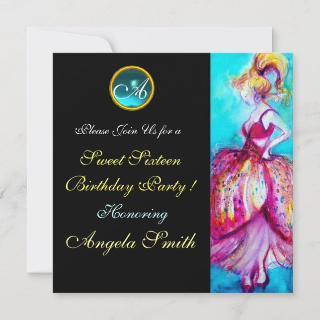 WHIMSICAL YOUNG GIRL SWEET 16 PARTY GEM MONOGRAM INVITATION (Front)