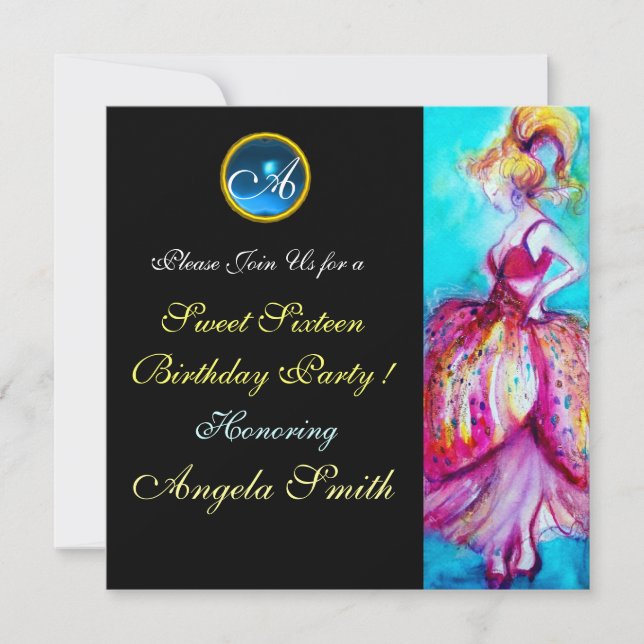WHIMSICAL YOUNG GIRL SWEET 16 PARTY GEM MONOGRAM INVITATION (Front)