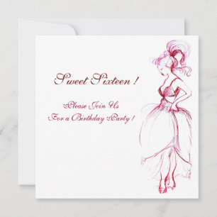 WHIMSICAL YOUNG GIRL SWEET 16 PARTY,red pink white Invitation