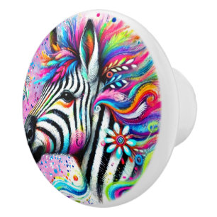 Whimsical Zebra Floral Pink Teal Green Daisy Ceramic Knob