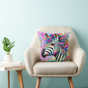 Whimsical Zebra Floral Pink Teal Green Daisy Cushion