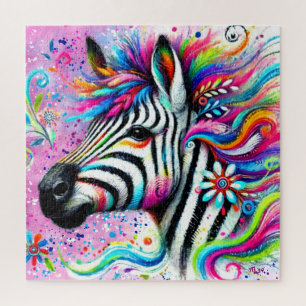 Whimsical Zebra Floral Pink Teal Green Daisy Jigsaw Puzzle