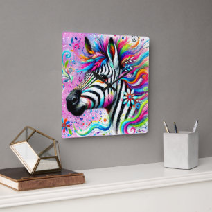 Whimsical Zebra Floral Pink Teal Green Daisy  Square Wall Clock