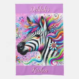 Whimsical Zebra Floral Pink Teal Green Daisy Tea Towel