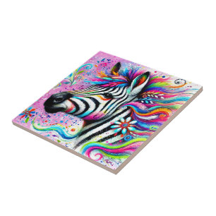 Whimsical Zebra Floral Pink Teal Green Daisy Tile