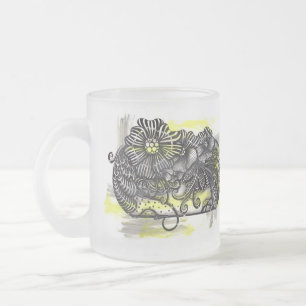 Whimsical Zen Doodle Monochrome Flowers Yellow Acc Frosted Glass Coffee Mug