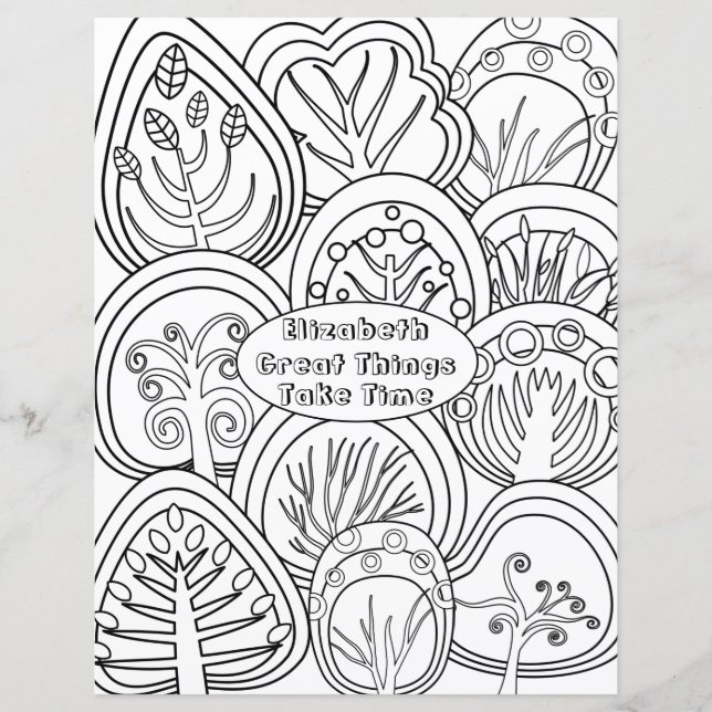 Whimsical Zen Doodle Trees Quote Name Colouring (Front)
