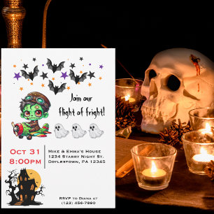 Whimsical Zombie Pilot Aeroplane Cute Ghosts & Bat Invitation