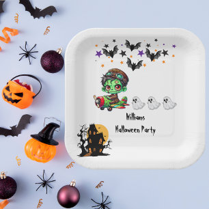 Whimsical Zombie Pilot Aeroplane Cute Ghosts & Bat Paper Plate