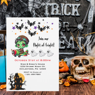 Whimsical Zombie Pilot Airplane Cute Ghosts & Bats Invitation