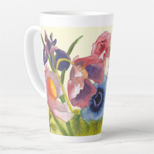 Whimsically colourful flowers on tall latte mug