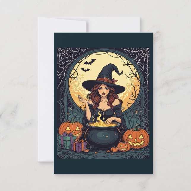 Whimsically Enchanting Witch With Spiders and Jack Invitation (Front)