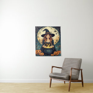 Whimsically Enchanting Witch With Spiders Tapestry