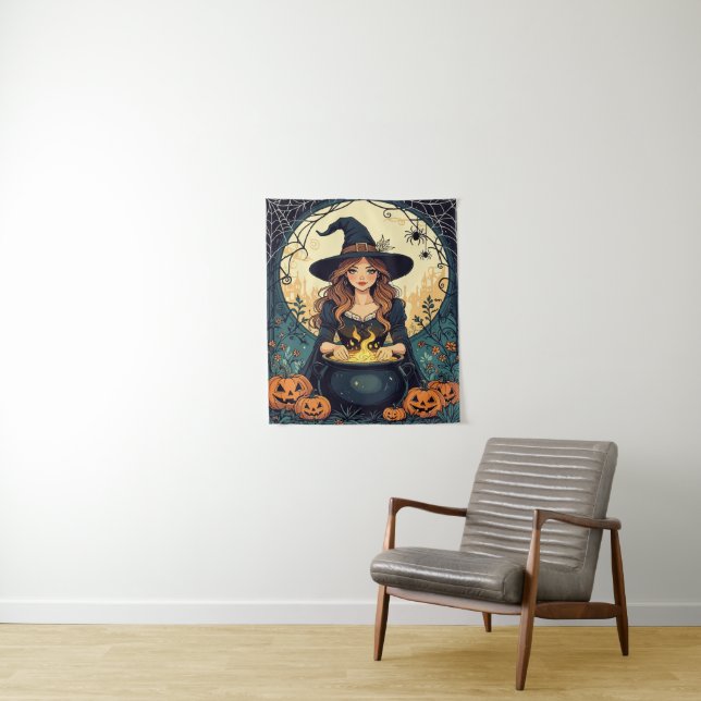 Whimsically Enchanting Witch With Spiders Tapestry (In Situ)