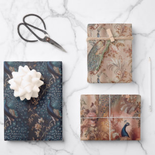 whimsicle vintage style pattern peacock bird wrapping paper sheet
