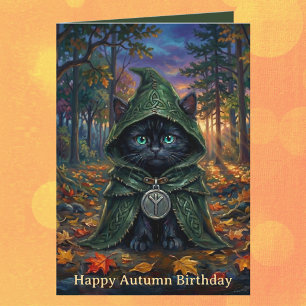 Whimsigoth Black Cat Autumn Birthday Card