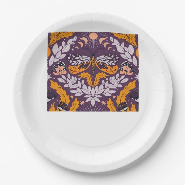 Whimsigoth Butterfly Florals - Purple, Lavender An Paper Plate (Front)