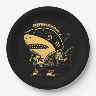Whimsigoth Cyborg Shark Vintage Art Design Paper Plate