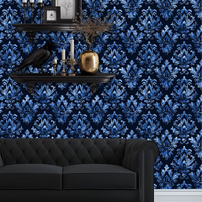 Whimsigoth Decorative Blue Wallpaper (Whimsigoth Dusty Blue Damask on black wallpaper behind a black couch.)