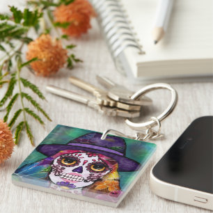 Whimsigoth Floral Hippie Psychedelic Skull Art Key Ring