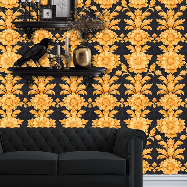 Whimsigoth Gold Flowers on Black Wallpaper (Whimsigoth Yellow Floral Damask on Black wallpaper behind a black couch.)