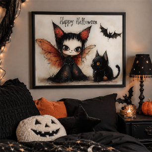 Whimsigoth Halloween Fairy and Black Cat Wall Art