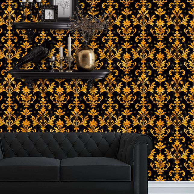 Whimsigoth Intricate Gold Hearts Wallpaper (Whimsigoth Yellow Damask on Black wallpaper behind a black couch.)