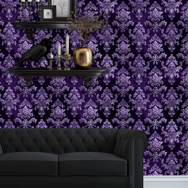 Whimsigoth Intricate Purple on Silk Print Wallpaper (Whimsigoth Dark Purple and Black Damask wallpaper behind a black couch and goth floating shelves)