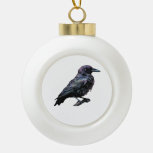 Whimsigoth Moody Floral Grungy Corvus, Raven, Crow Ceramic Ball Christmas Ornament