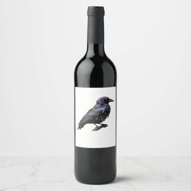 Whimsigoth Moody Floral Grungy Corvus, Raven, Crow Wine Label (Front)