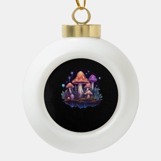 Whimsigoth Mushrooms And Crystals Ceramic Ball Christmas Ornament (Front)