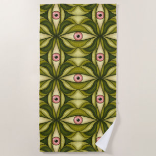Whimsigoth Pink Eye Green Botanical Maximalist Art Beach Towel