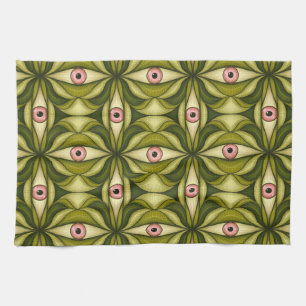 Whimsigoth Pink Eye Green Botanical Maximalist Art Tea Towel