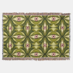 Whimsigoth Pink Eye Green Botanical Maximalist Art Throw Blanket