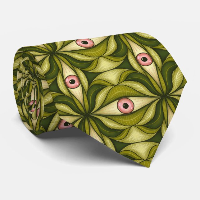 Whimsigoth Pink Eye Green Botanical Maximalist Art Tie (Rolled)