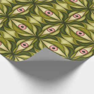 Whimsigoth Pink Eye Green Botanical Maximalist Art Wrapping Paper