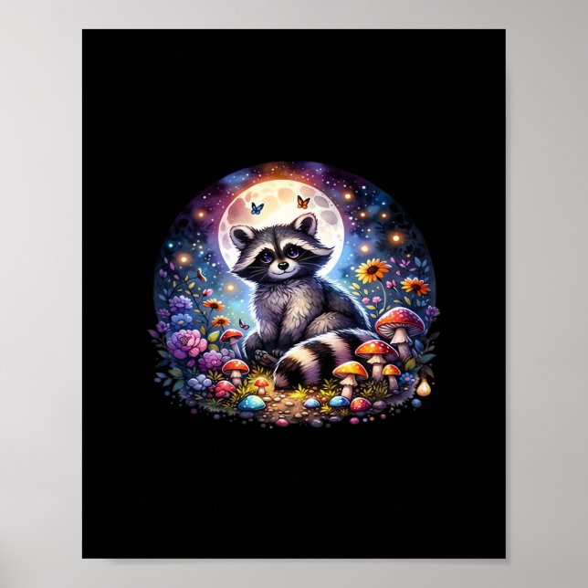Whimsigoth Racoon By Moonlight, Cute Colourful Fan Poster (Front)