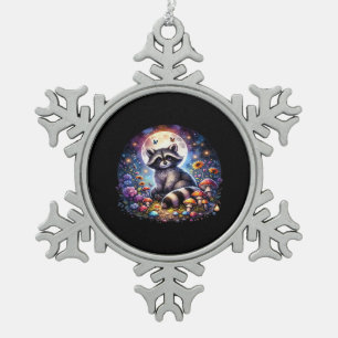 Whimsigoth Racoon By Moonlight, Cute Colourful Fan Snowflake Pewter Christmas Ornament