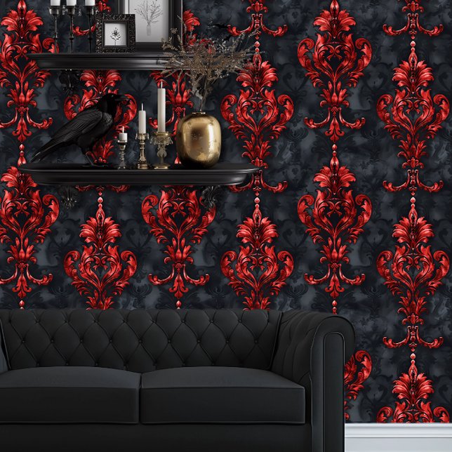 Whimsigoth Red and Black Elegant Wallpaper (Whimsigoth Black & Red Wallpaper behind a black couch and floating goth shelves.)