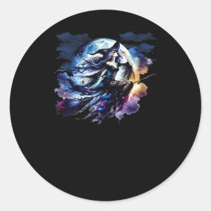 Whimsigoth Witch Flying Over Full Moon Women Kids  Classic Round Sticker