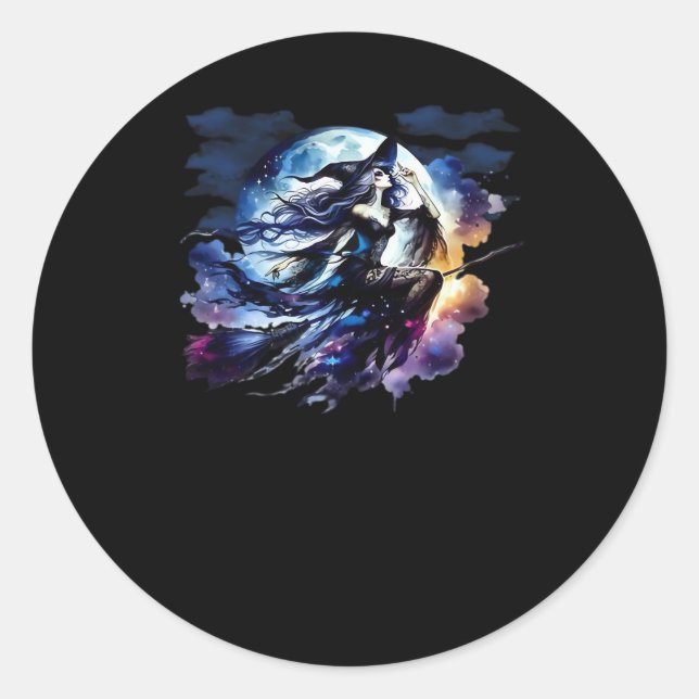 Whimsigoth Witch Flying Over Full Moon Women Kids  Classic Round Sticker (Front)
