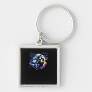 Whimsigoth Witch Flying Over Full Moon Women Kids  Key Ring