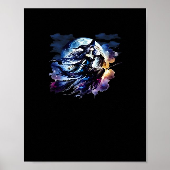 Whimsigoth Witch Flying Over Full Moon Women Kids  Poster (Front)