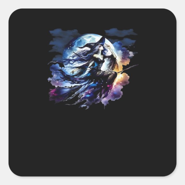 Whimsigoth Witch Flying Over Full Moon Women Kids  Square Sticker (Front)