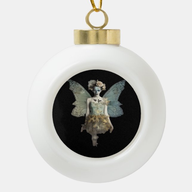 Whimsigoth Zombie Fairy Old Timey Gothic Moody Art Ceramic Ball Christmas Ornament (Front)