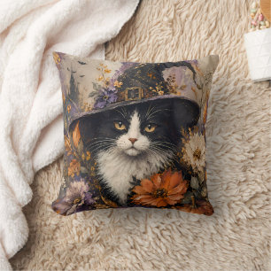 Whimsigothic Black Cat Witch Autumn Floral Cushion