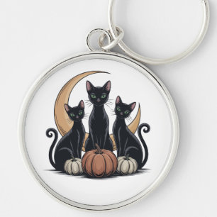 Whimsigothic Black Cats Pumpkin Moon Halloween Key Ring
